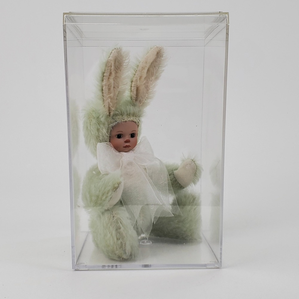 Marie Osmond Porcelain Bunny Doll Mint Green Mohair Knickerbocker 7 inch Seated